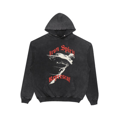 Metal Angel Print Distressed Oversized Hoodie